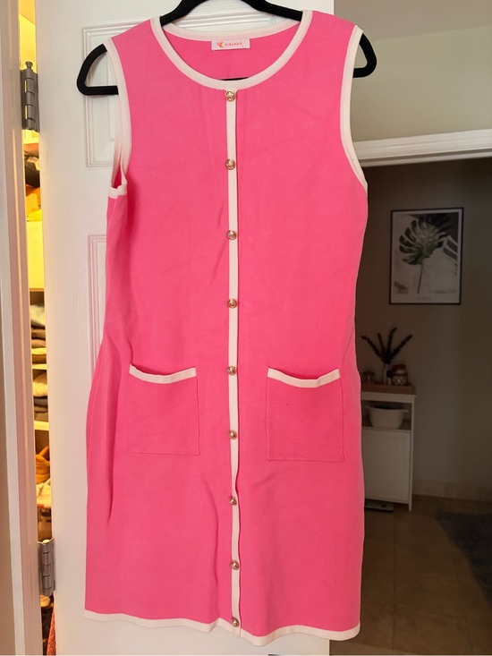kirundo Dresses & Skirts - Kirundo Bright Pink Sleeveless Button-Front Shift Dress with White Trim